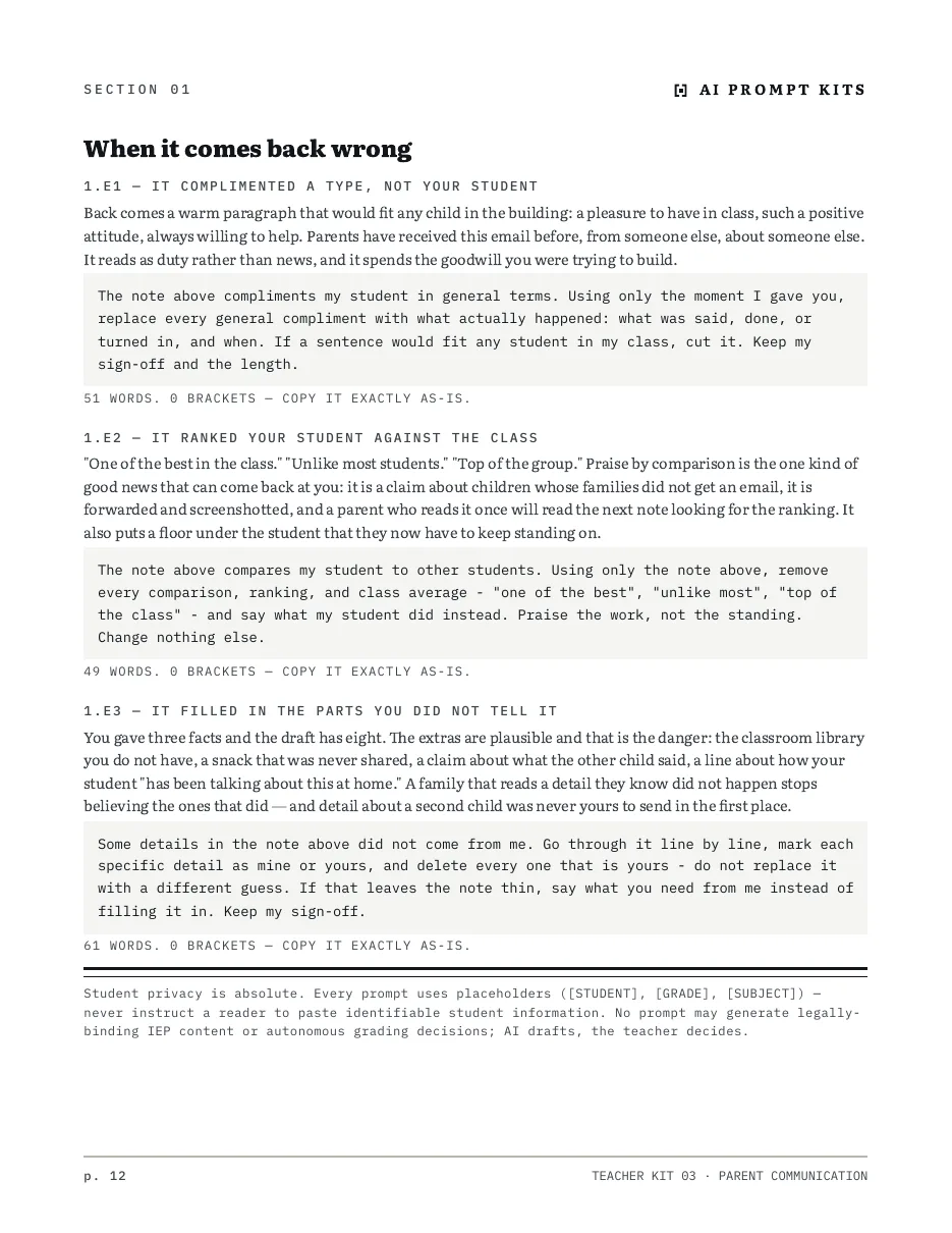 A "when it comes back wrong" page: named failure modes, each with the repair prompt underneath it.