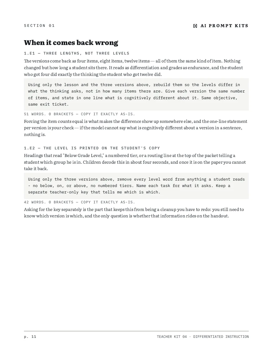 A "when it comes back wrong" page: named failure modes, each with the repair prompt underneath it.