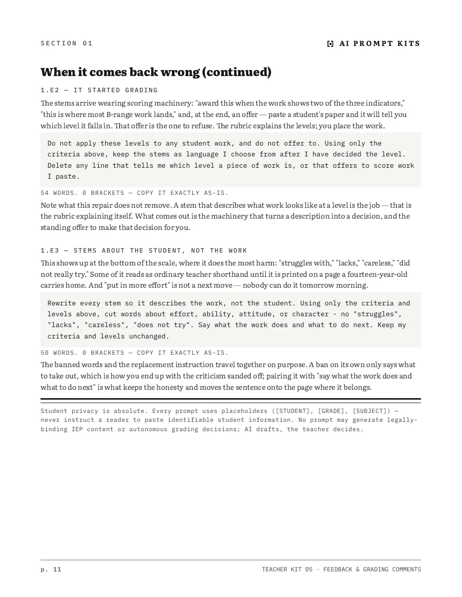A "when it comes back wrong" page: named failure modes, each with the repair prompt underneath it.
