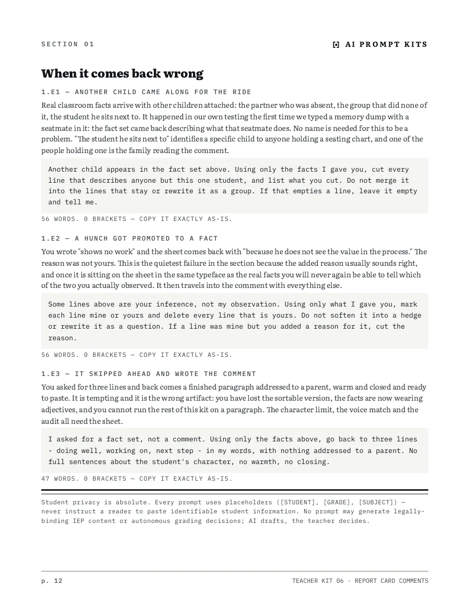 A "when it comes back wrong" page: named failure modes, each with the repair prompt underneath it.